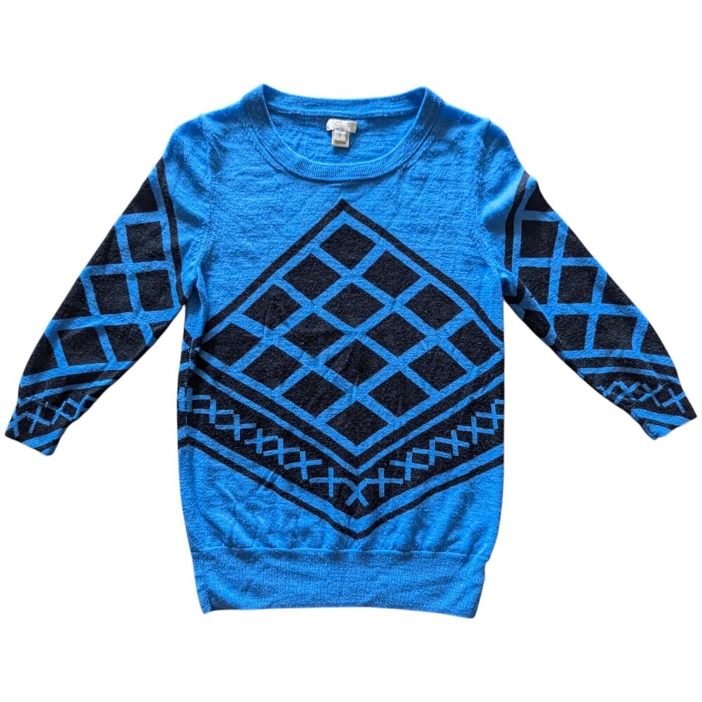 J. Crew Tippi Sweater Blue 100% Merino Wool Small Geometric Lightweight